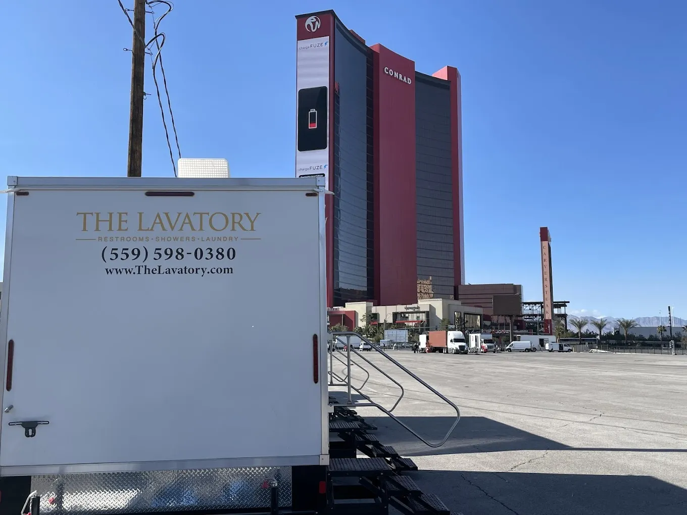 The Lavatory restroom trailer at Conrad / Resorts World Las Vegas. Resort production deployment