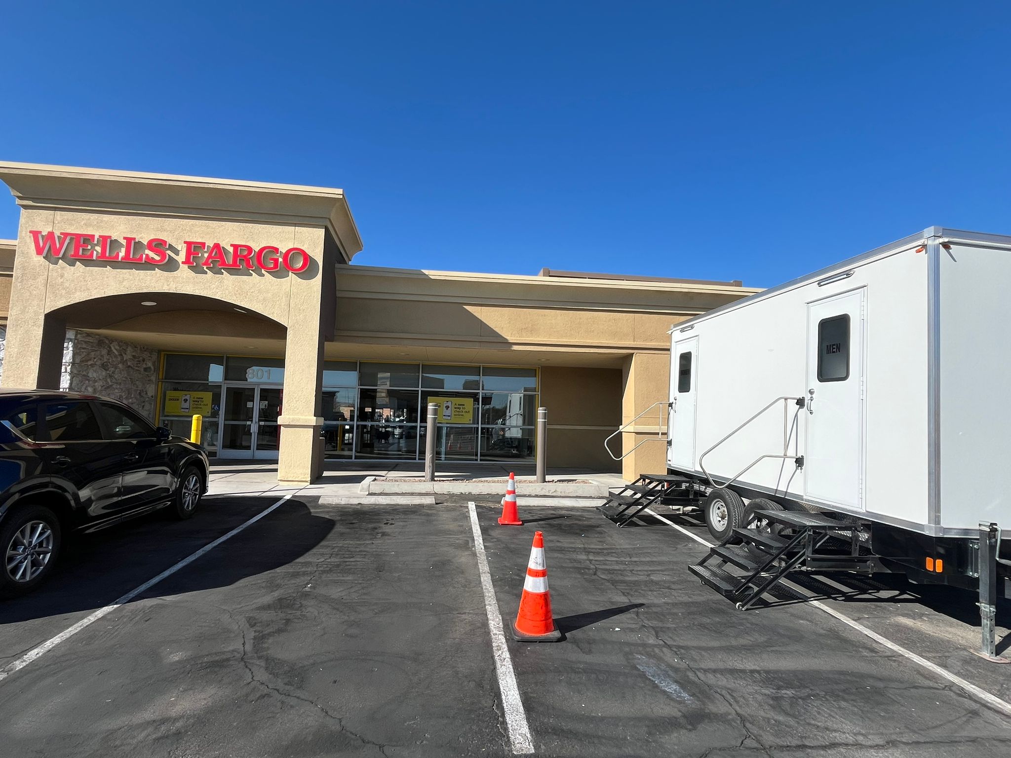The Lavatory restroom trailer at Wells Fargo. Branch interior remodel, lobby stayed open